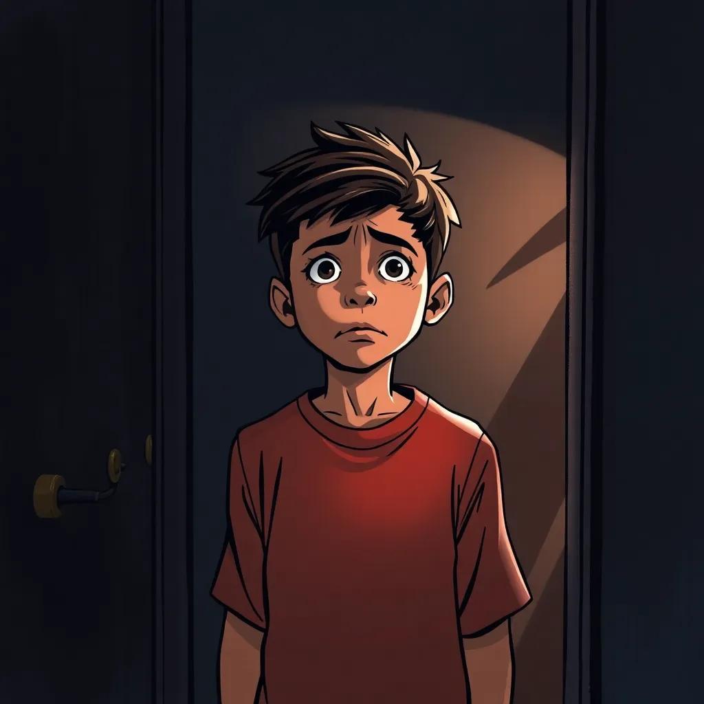 A 14-year-old boy, Yasin, standing nervously in front of a mirror in his dimly lit room, worried expression, shadows reflecting his fears, comic style, realistic, subdued colors, intimate perspective, high quality