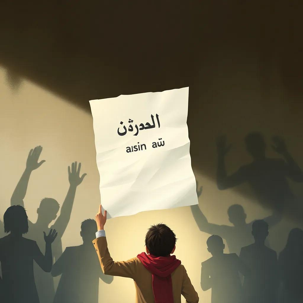 A large exam paper flying in the air above Yasin, with the words 'نتيجة الامتحان' written on it, while shadows in the background laugh mockingly, creating an atmosphere of pressure and anxiety, illustration, engaging and vibrant, emotional depth, high quality