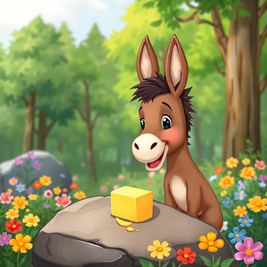 A donkey named Khloda, with soft brown fur and big ears, looking joyfully at a piece of butter on a rock in a green forest filled with colorful flowers, cartoon style, bright colors, cheerful atmosphere, high quality