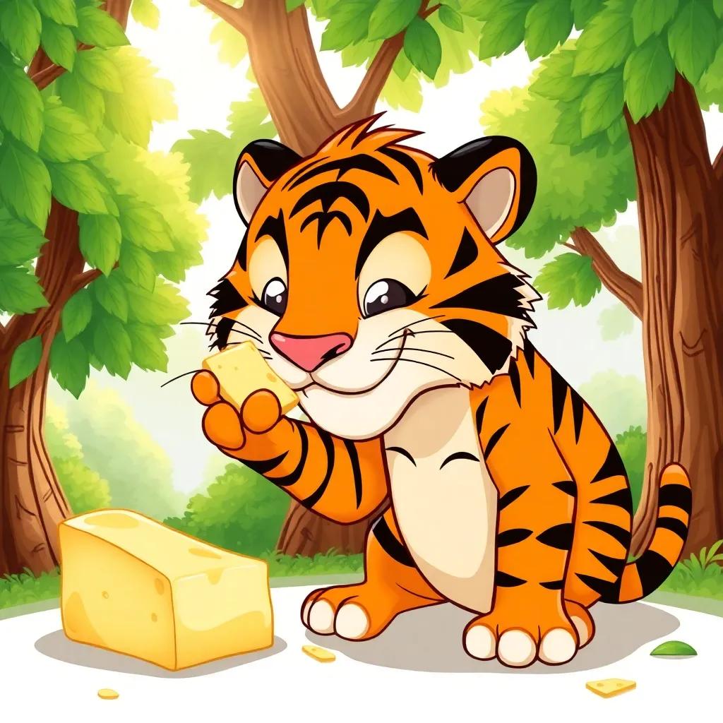 A fierce tiger with striped orange and black fur, looking playfully at a piece of butter, surrounded by lush green trees and bright sunlight filtering through, playful cartoon style, vibrant colors, fun and engaging mood, high quality