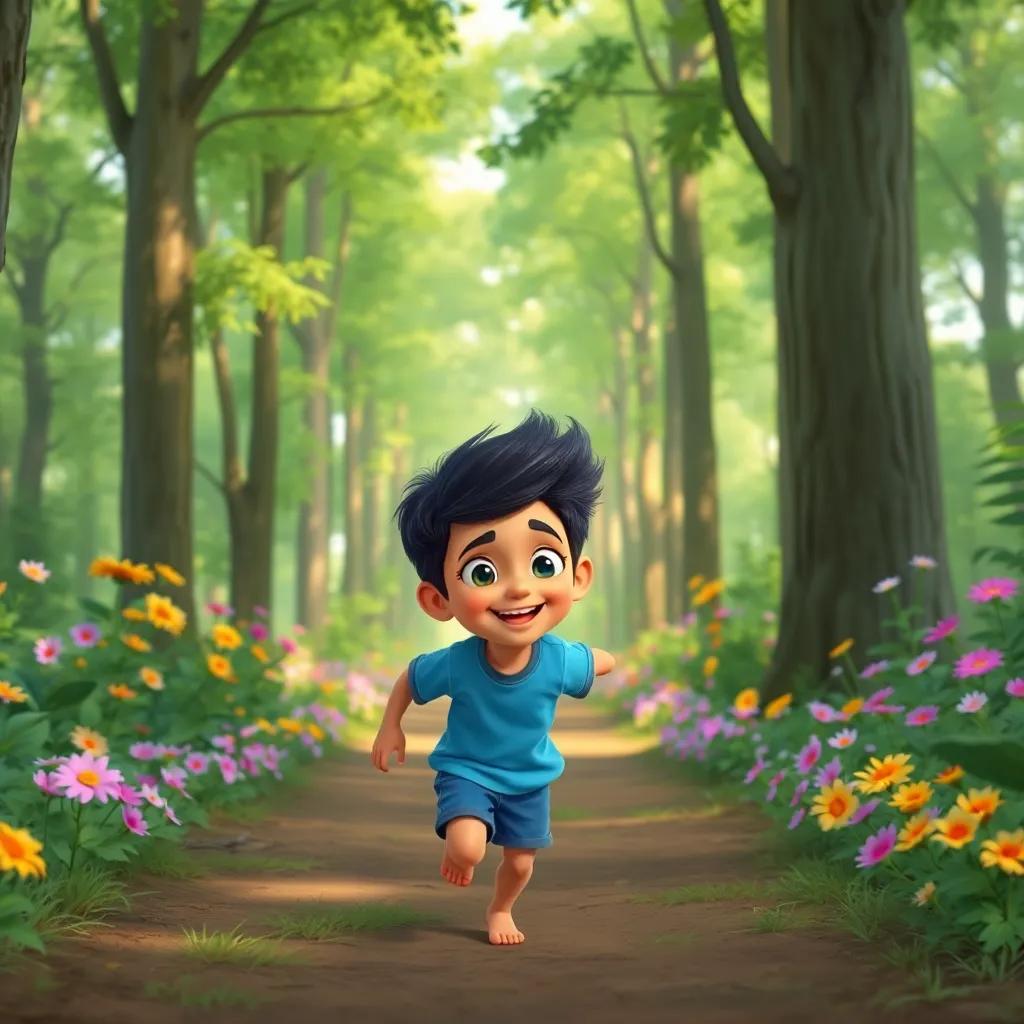 A young Arab boy, Khalil, with short black hair, wearing a blue t-shirt and shorts, running excitedly towards a lush green forest filled with tall trees and colorful flowers, digital art, bright colors, cheerful and playful atmosphere, high quality