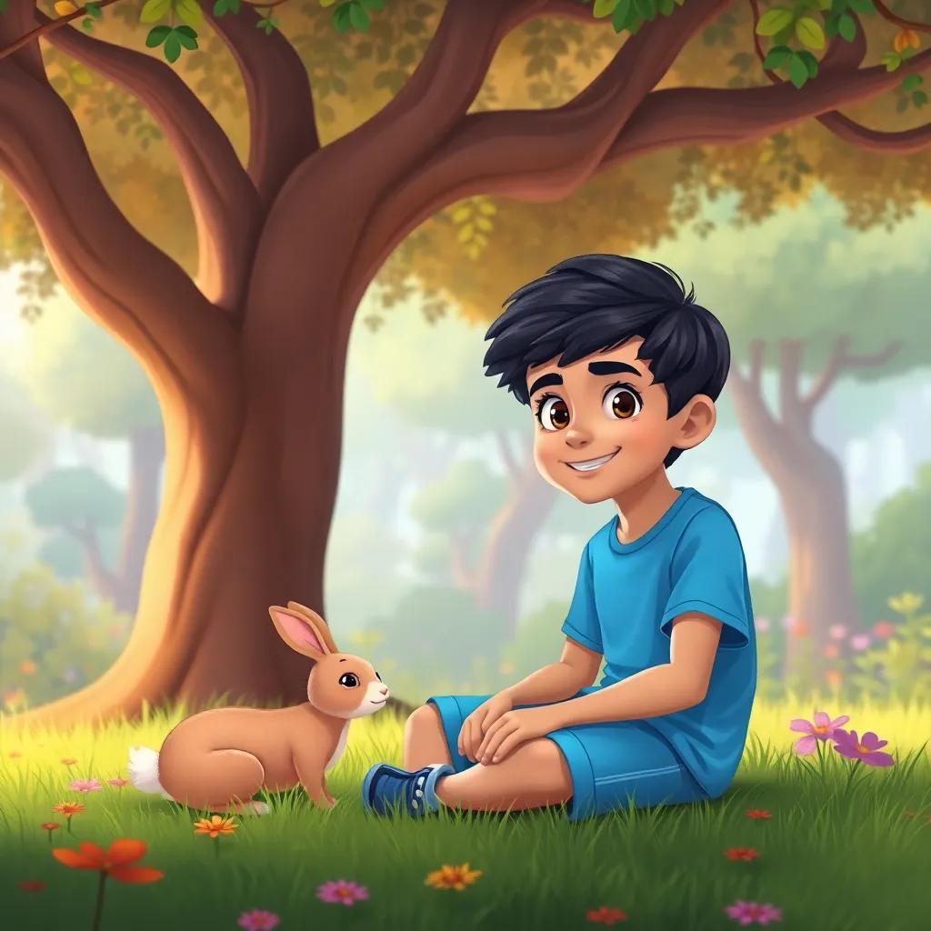 Khalil, a young Arab boy, with short black hair in a blue t-shirt and shorts, sitting on the grass under a large tree with a small rabbit, colorful forest, friendly setting, joyful vibe, child-friendly illustration, vivid colors