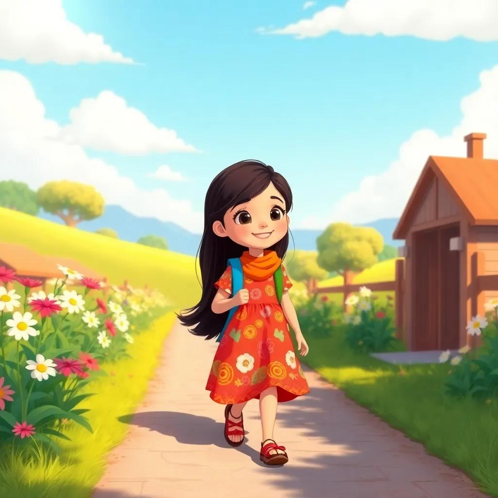 A young Arab girl, خنساء, with long dark hair, wearing a colorful dress, walking happily to school under a sunny sky with blooming flowers along the path, cheerful expression, vibrant landscape, joyful atmosphere, illustration, child-friendly