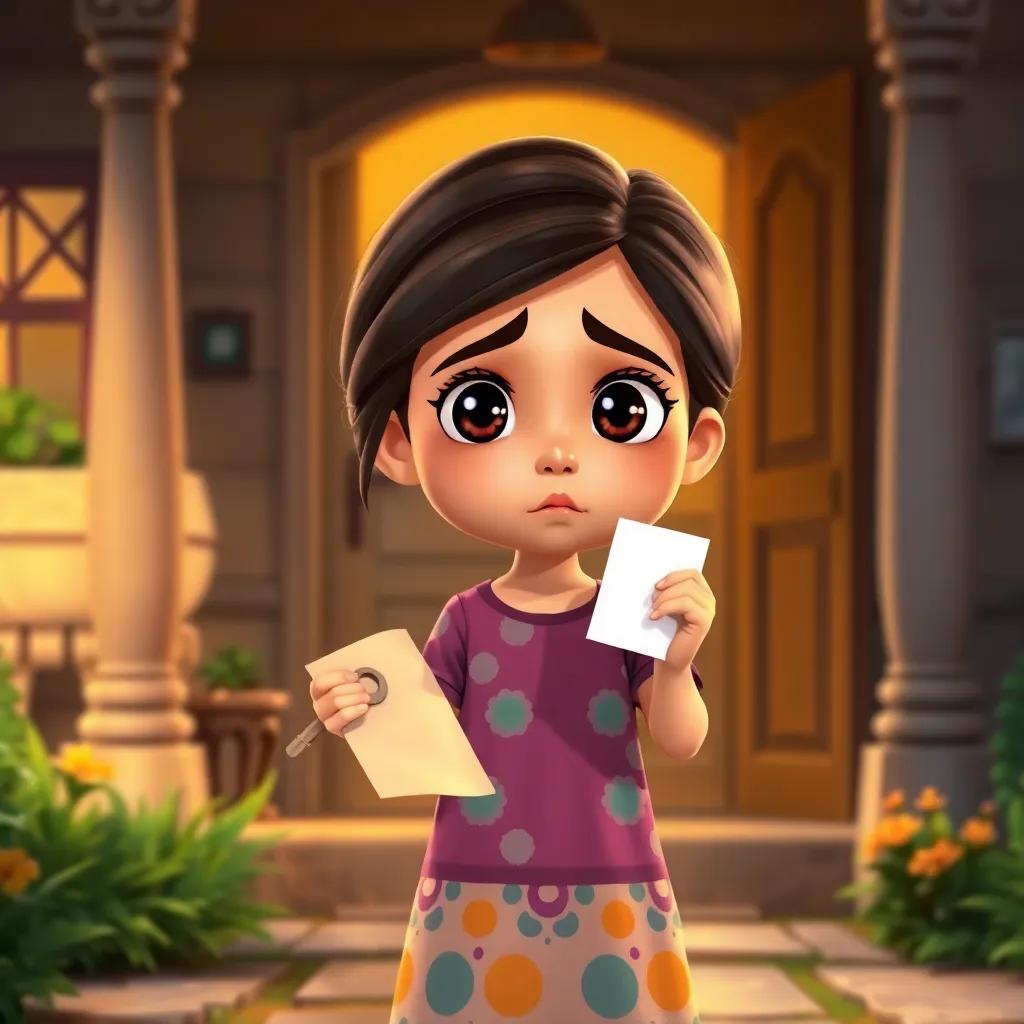 A young Arab girl, خنساء, with long dark hair, wearing a colorful dress, standing in front of her house looking worried, holding a lost key in one hand and a note in the other, her expression shows determination, warm light, welcoming home environment, digital art, heartwarming