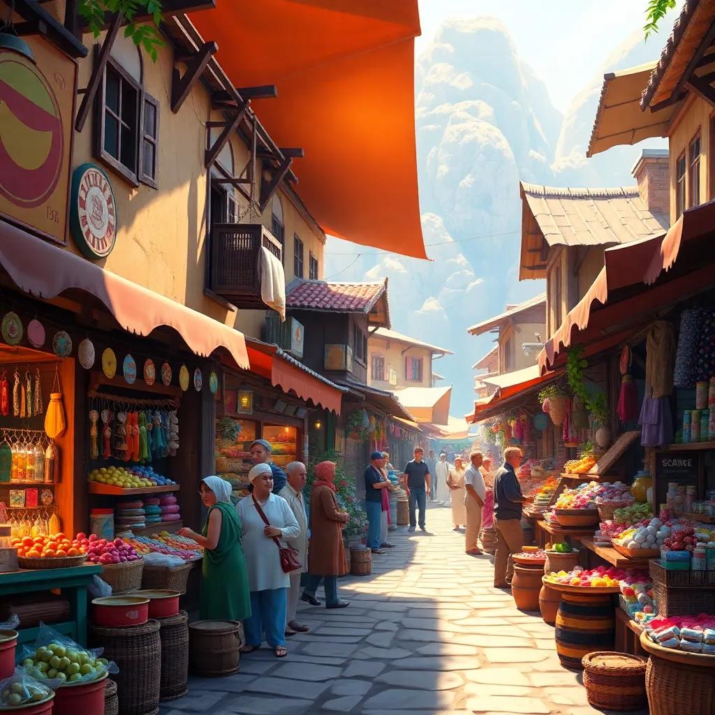 A beautiful village scene with various artisans, showcasing a bustling bazaar, sunlight filtering through, colorful stalls, cheerful atmosphere, digital art, vibrant colors, lively mood, high quality