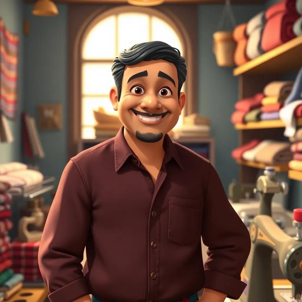 A cheerful tailor, a middle-aged Arab man, with short black hair and a blue shirt, standing in his shop with fabric rolls around him and sewing machine, warm light, welcoming, focused expression, playful color palette, detailed, engaging