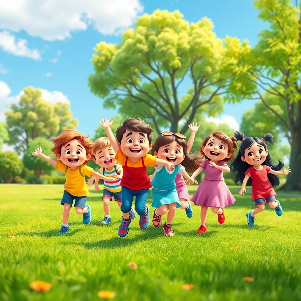 A group of joyful children playing in a sunny park, colorful clothes, green grass and trees, bright sky, cheerful atmosphere, digital art, vibrant colors, engaging scene, high quality