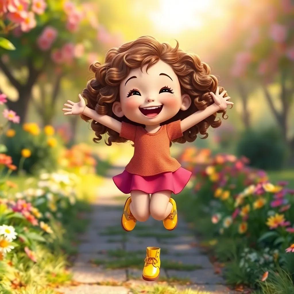 A cheerful girl named Sara, with curly brown hair, wearing shiny yellow shoes, jumping happily in the park, surrounded by colorful flowers, bright light, joyful expression, highly detailed