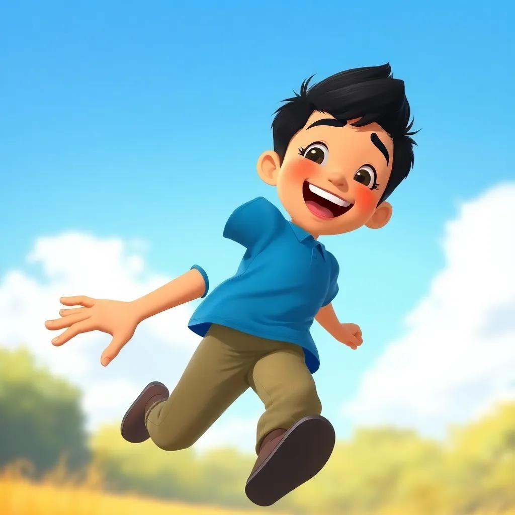 A happy boy named Zayd, with short black hair, wearing a blue shirt, running with excitement, blue sky above, warm and inviting, dynamic pose, detailed illustration