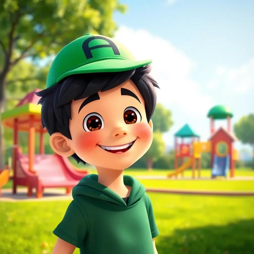 A boy named Ali, with dark hair, wearing a green hat, standing proudly with a big smile, beautiful playground background, bright daylight, child-friendly style, vibrant colors