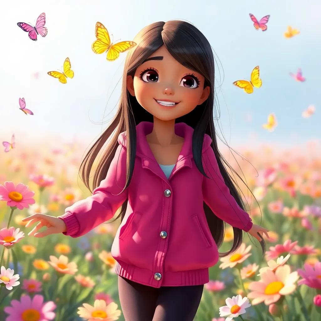 A girl named Maryam, with long straight hair, wearing a pink jacket, twirling joyfully in a field of flowers, with butterflies fluttering around, whimsical atmosphere, colorful, engaging