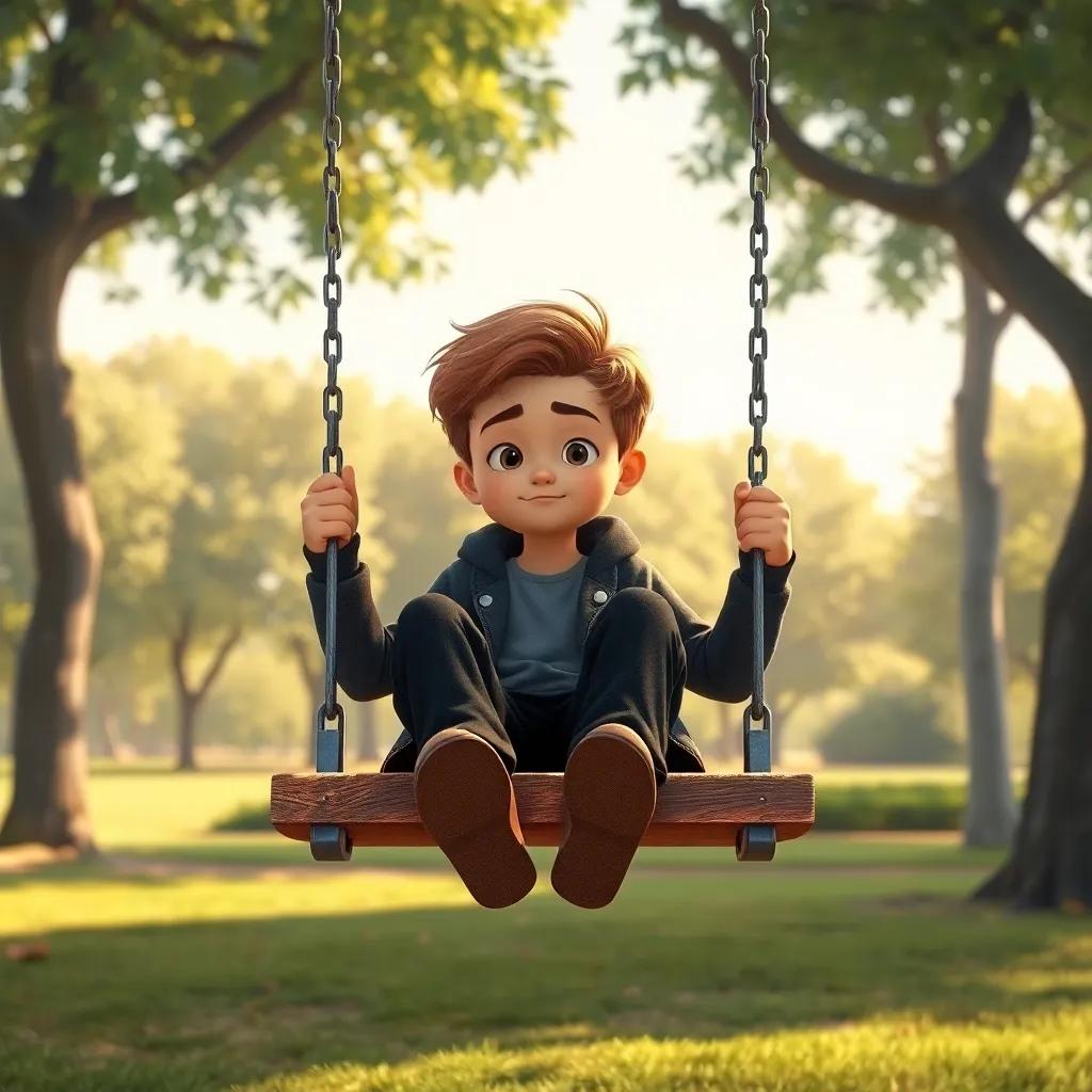 A boy named Youssef, with light brown hair, sitting on a swing, wearing black pants, deep in thought, sunny park background, philosophical vibe, soft colors, high quality