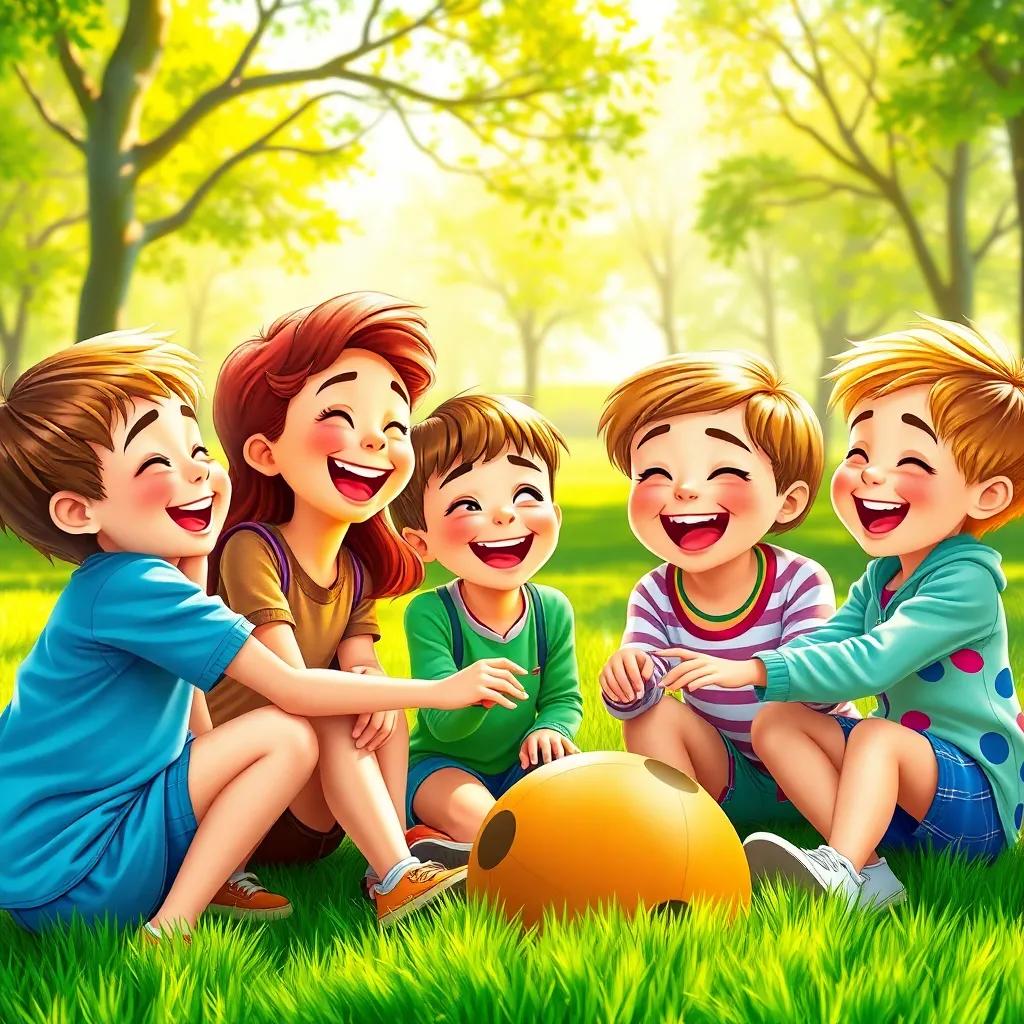 A group of children laughing together, colorfully dressed, playing an imaginative game in the park, joyful expressions, sunny day, detailed scene, vibrant
