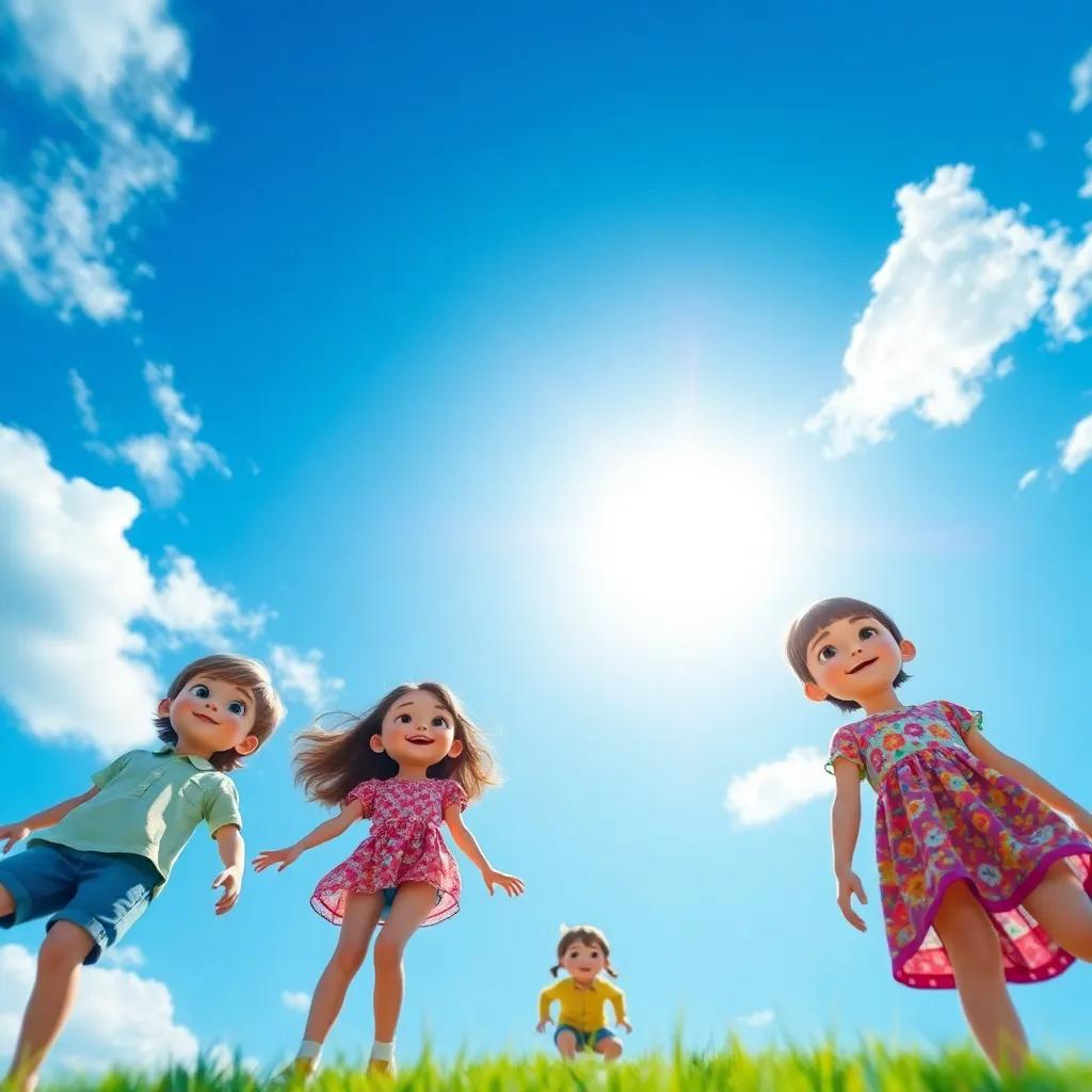 A close-up of a beautiful blue sky, with children playing beneath, colorful artistic representation of their outfits, child's perspective, bright and shimmery
