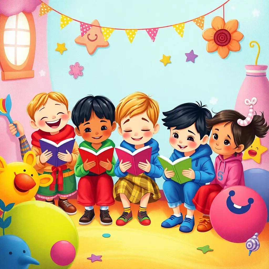 A colorful illustration of children creating stories, their clothes reflecting their personalities, surrounded by vivid and playful elements, engaging