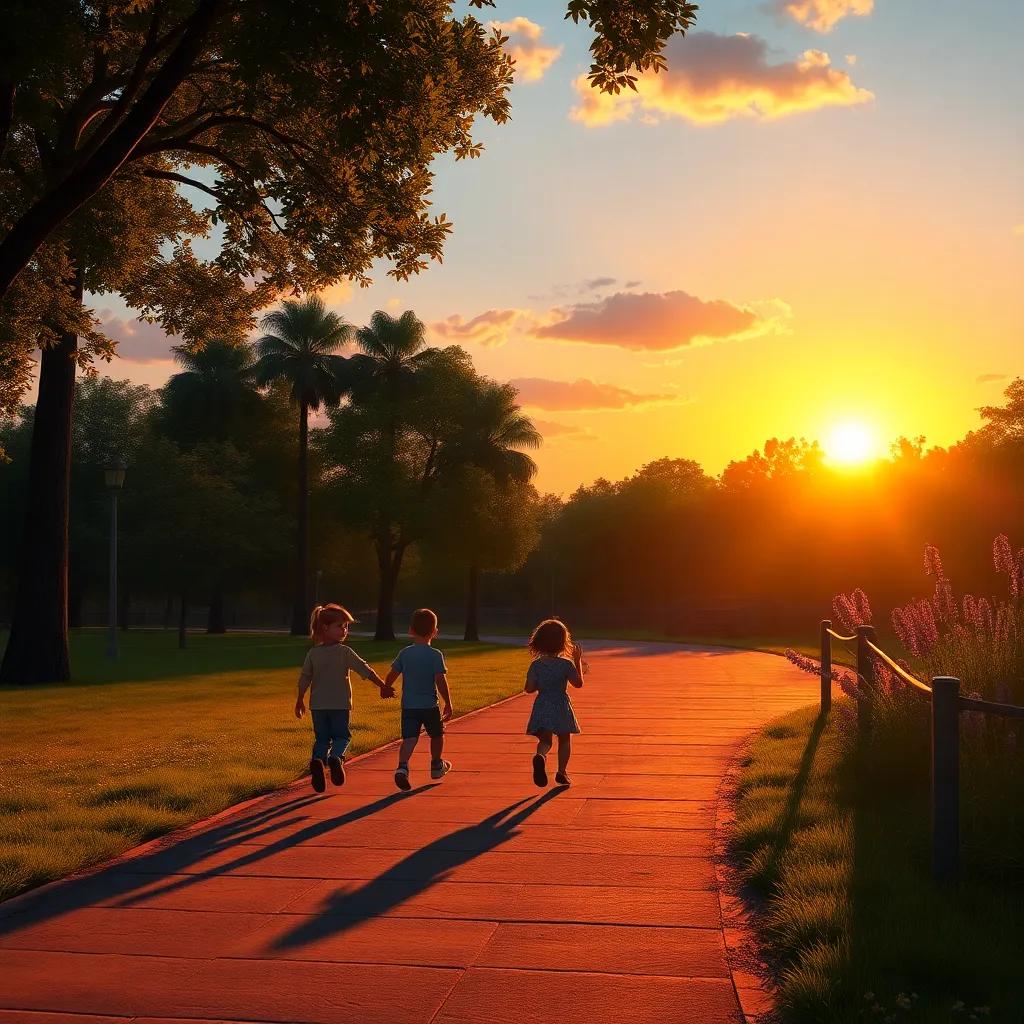 A beautiful sunset in a park where the children leave, shadows playing, the promise of new adventures, warm light, artistic and inviting