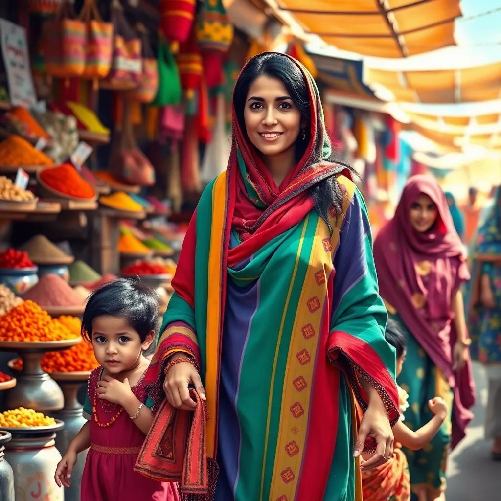 Aisha, a traditional Omani woman with dark hair in a colorful abaya, walking with children in a bustling village market filled with colorful spices and traditional attire, bright sunlight, lively scene, cheerful, high quality