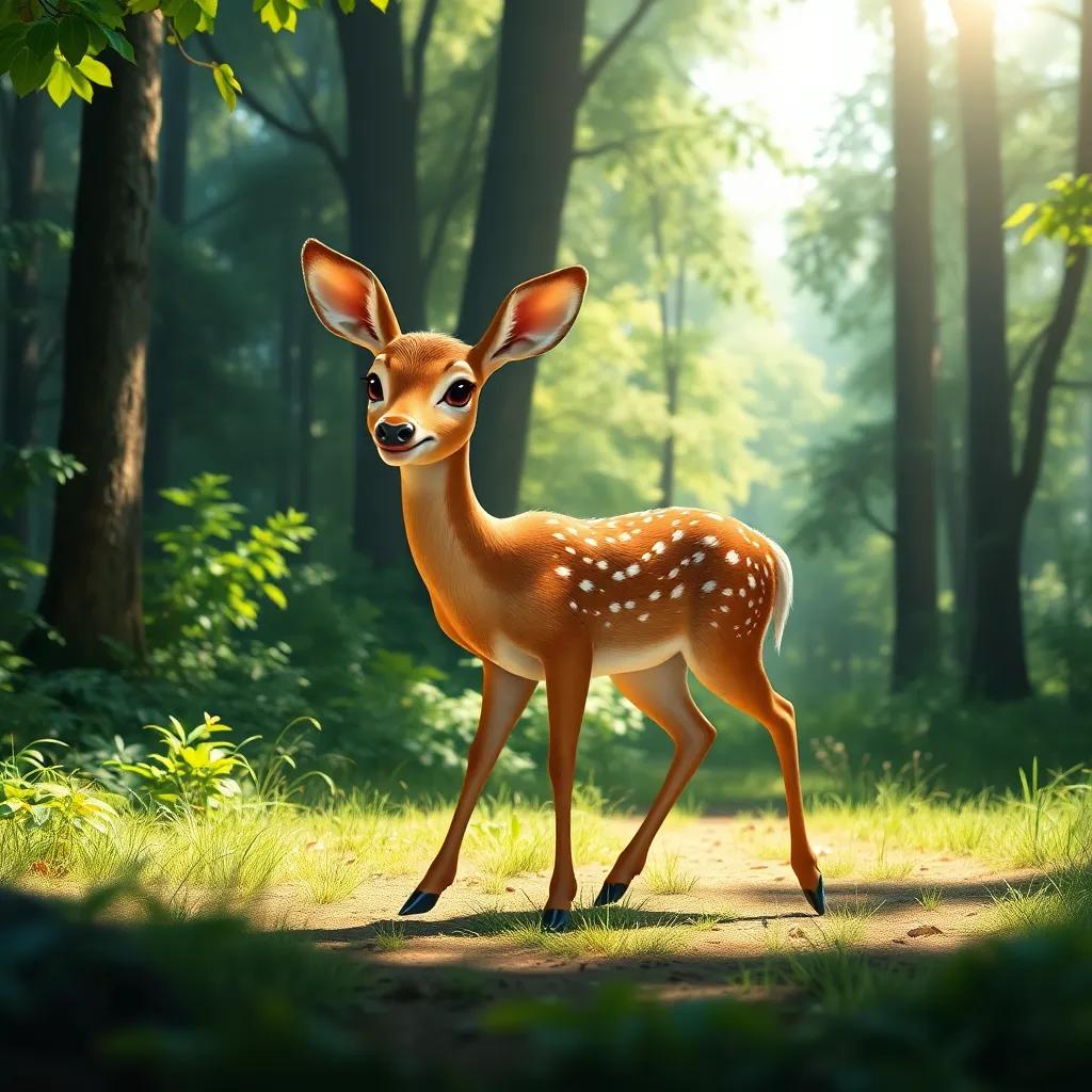 A strong and majestic fawn, walking confidently in a lush green forest, bright sunlight filtering through the trees, digital art, vibrant colors, inviting atmosphere, high quality