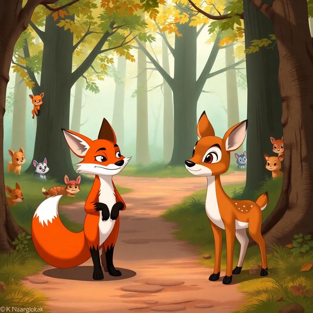 A clever fox with a sly smile, standing on a path in the forest, speaking to the strong fawn, surrounded by curious animals hiding behind trees, detailed illustration, warm colors, cheerful tone, high quality