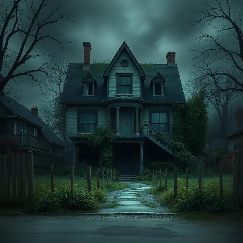 A mysterious abandoned house in a quiet neighborhood, overgrown with plants, eerie atmosphere, digital art, dim lighting, shadows lurking, high quality