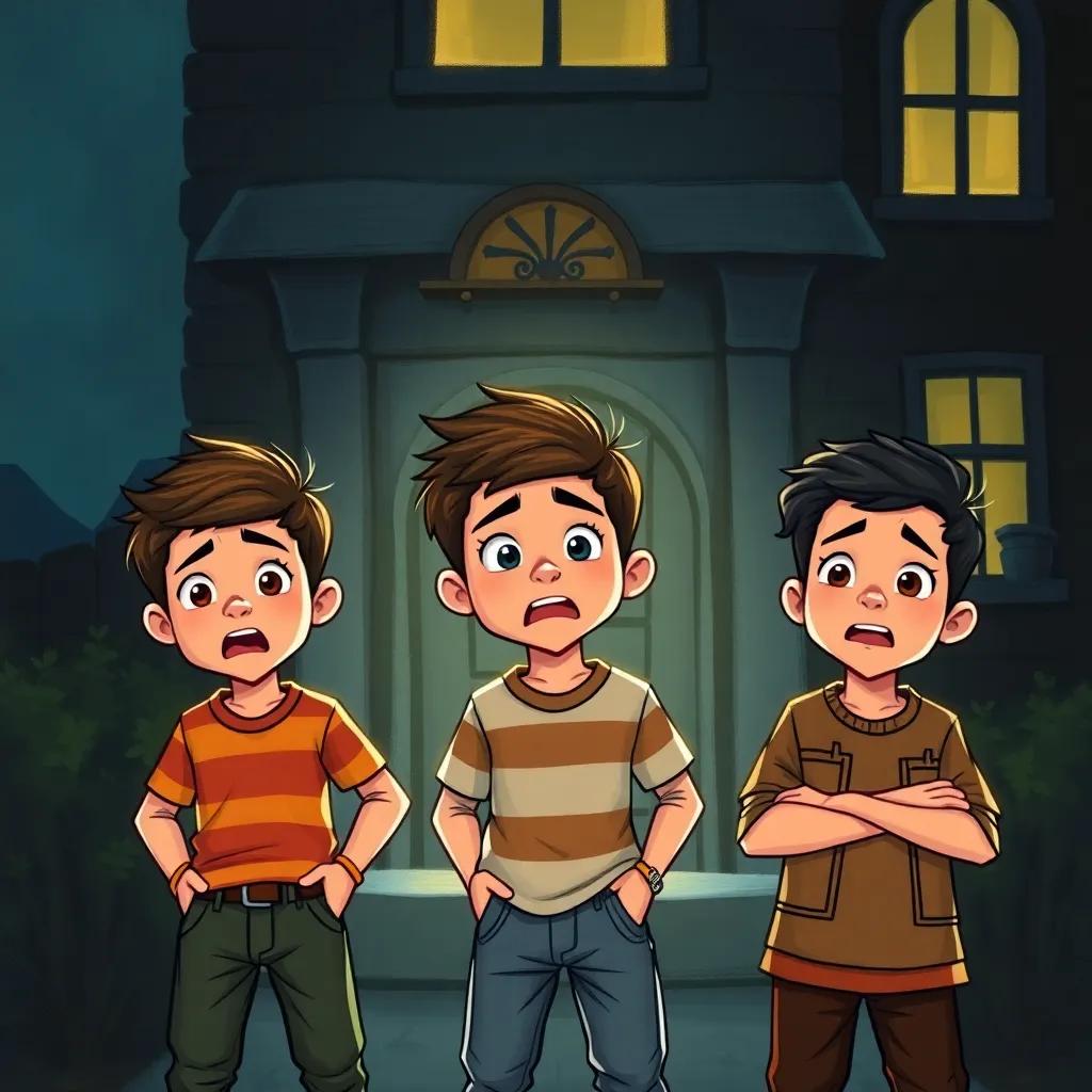 Three young boys (Youssef, Rafiq, and Omar) standing outside the dark house, looking nervous and excited, wearing casual clothes, expressive faces, bright colors, illustration, child-friendly
