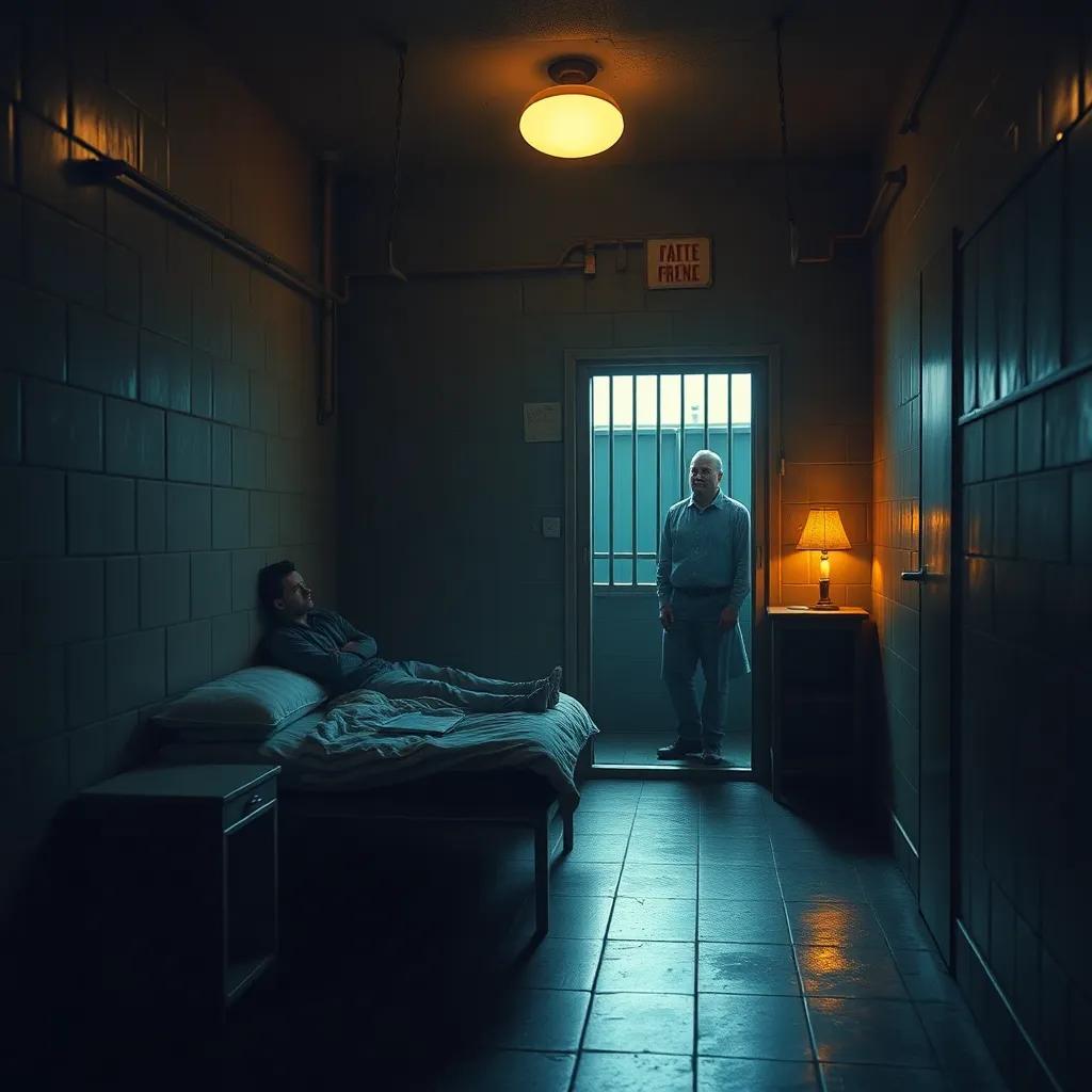 A small prison cell at night, with John sitting on a small bed, looking lonely, a friend named Bill entering the room, bringing a sense of companionship, warm light, somber atmosphere, detailed, emotional scene
