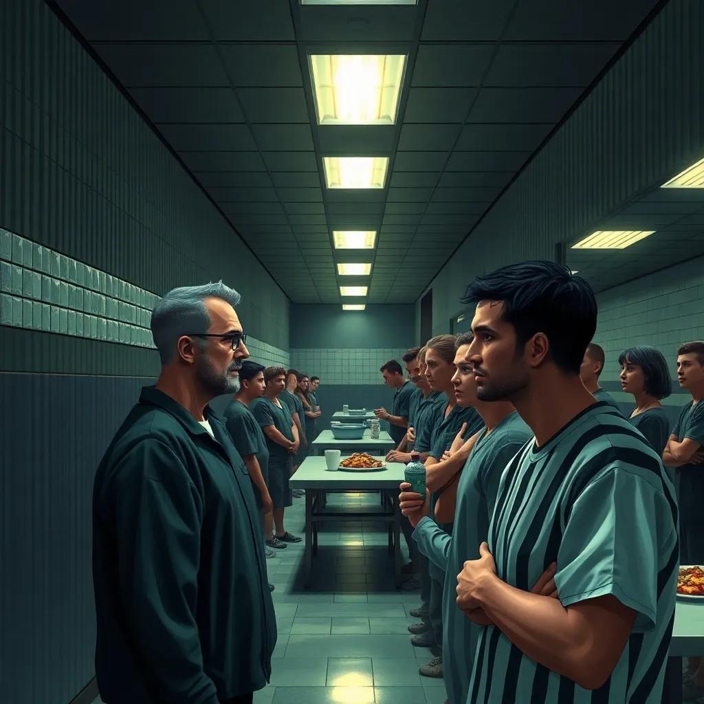A long prison cafeteria during the day, John and Danny standing in line waiting for food, other prisoners chatting at a corner, expressive faces showing various emotions, bright overhead lights, realistic, tense atmosphere