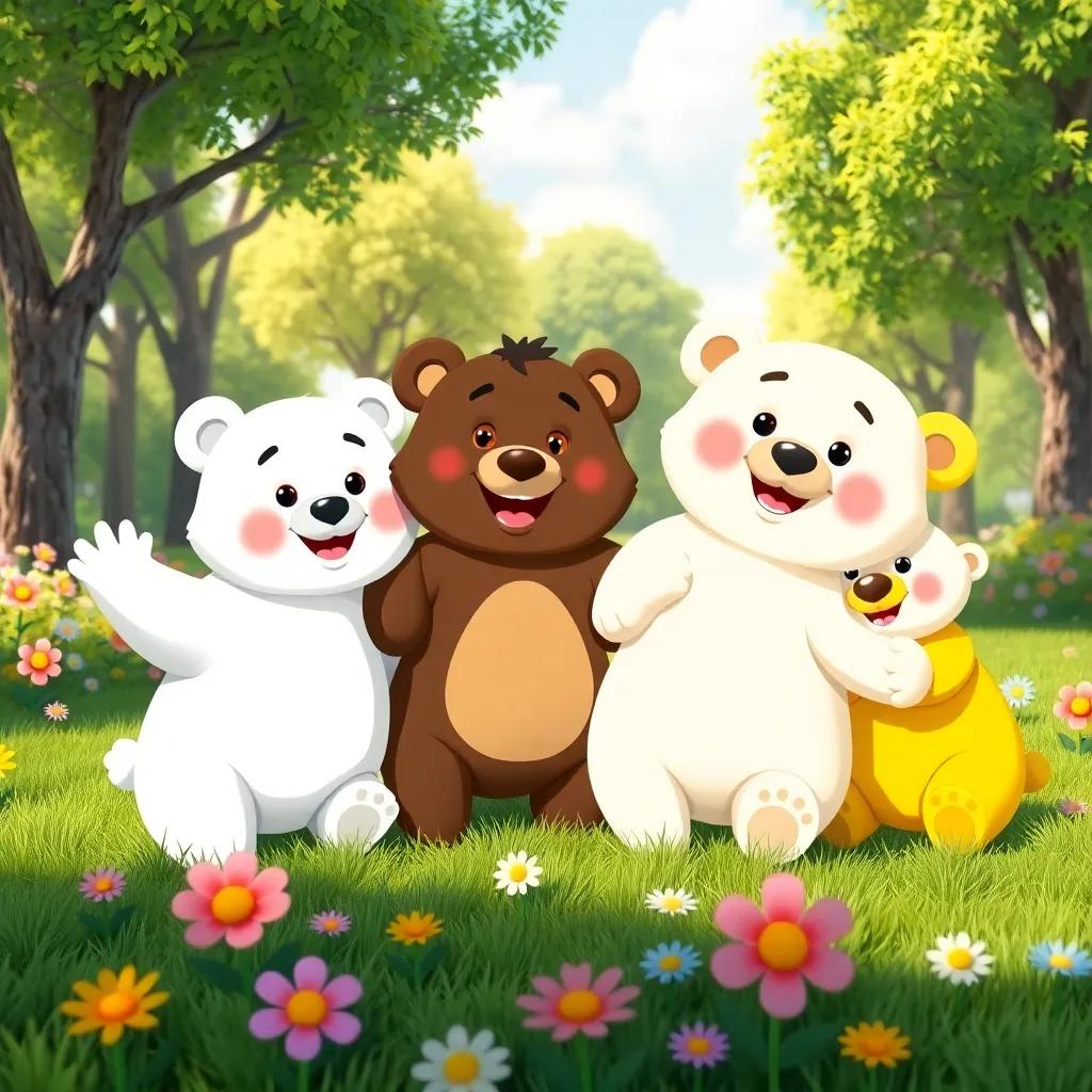 A sunny park with three adorable bears: a white bear named Baghboog, a brown bear named Bassoom, and a yellow bear named Lubbo, playing on the grass, colorful flowers around, cheerful atmosphere, digital art, bright and inviting colors, child-friendly, high quality