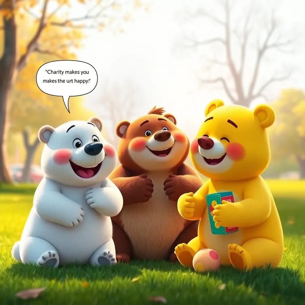 Three bears in the park: Bagbhoog, a white bear with a big smile saying, 'Charity makes the heart happy!' Bassoom, a brown bear nodding, and Lubbo, a yellow bear sharing toys, bright colors, friendly expressions, warm light, happy gathering, highly detailed