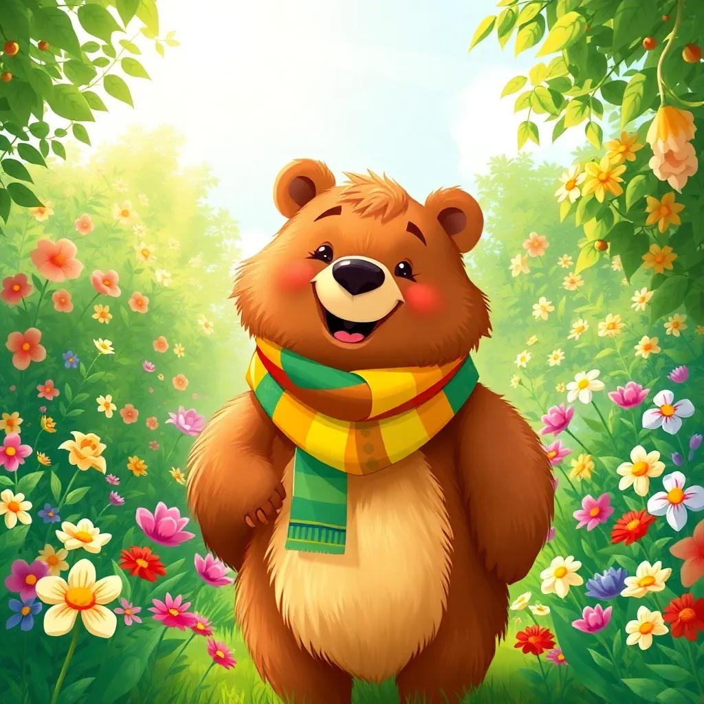 A bear, Dabdoub, a cheerful bear with a fluffy fur coat, wearing a colorful scarf, standing in a lush green garden filled with colorful flowers, bright sunlight, vibrant colors, happy atmosphere, detailed digital art, cheerful and inviting