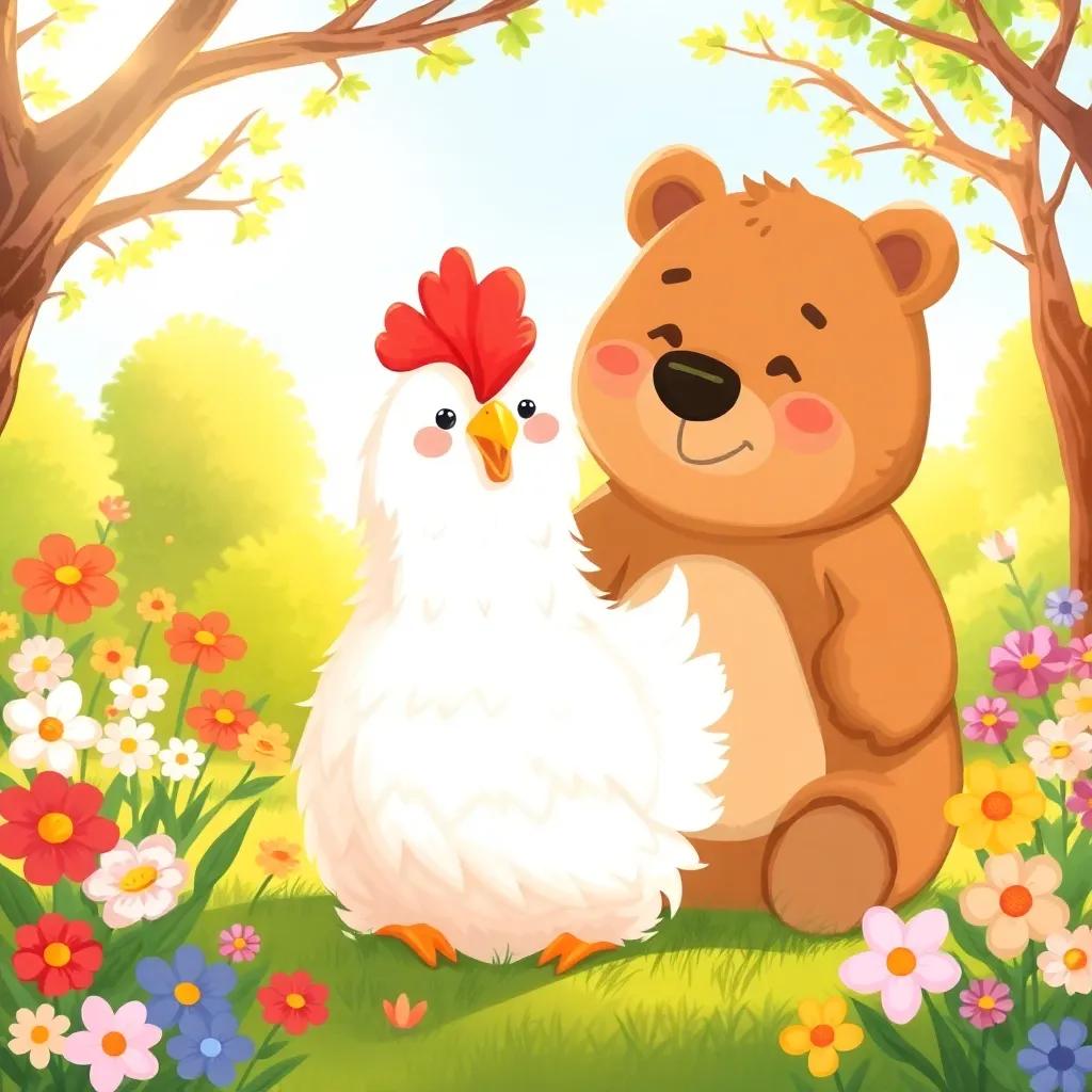 A fluffy hen, Katakota, with soft feathers, smiling and sitting in the garden beside Dabdoub the bear, surrounded by flowers and trees, bright sunlight, warm and friendly ambiance, child-friendly illustration, joyful scene
