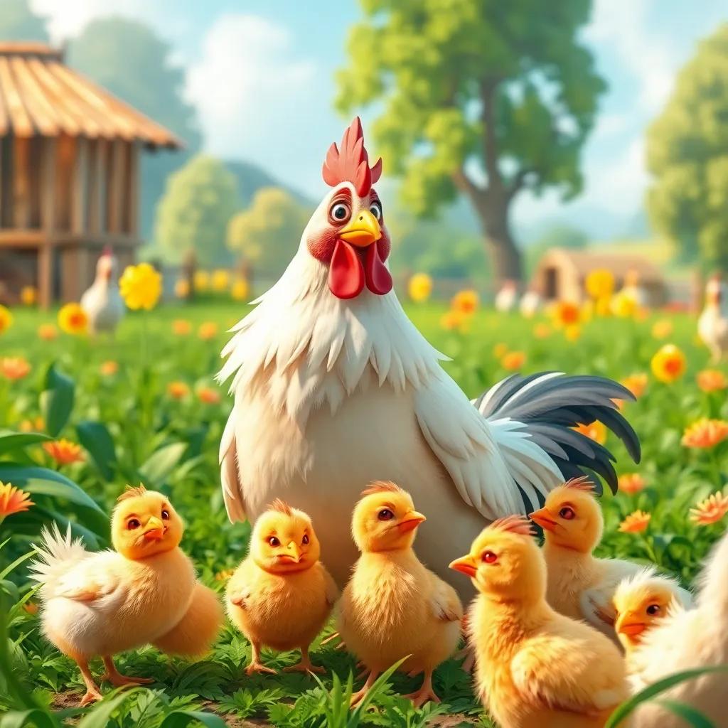 A wise chicken, Jojoo, watching over her little chicks in a green farm, vibrant farm background, cheerful atmosphere, digital art, warm colors, inviting feel, highly detailed