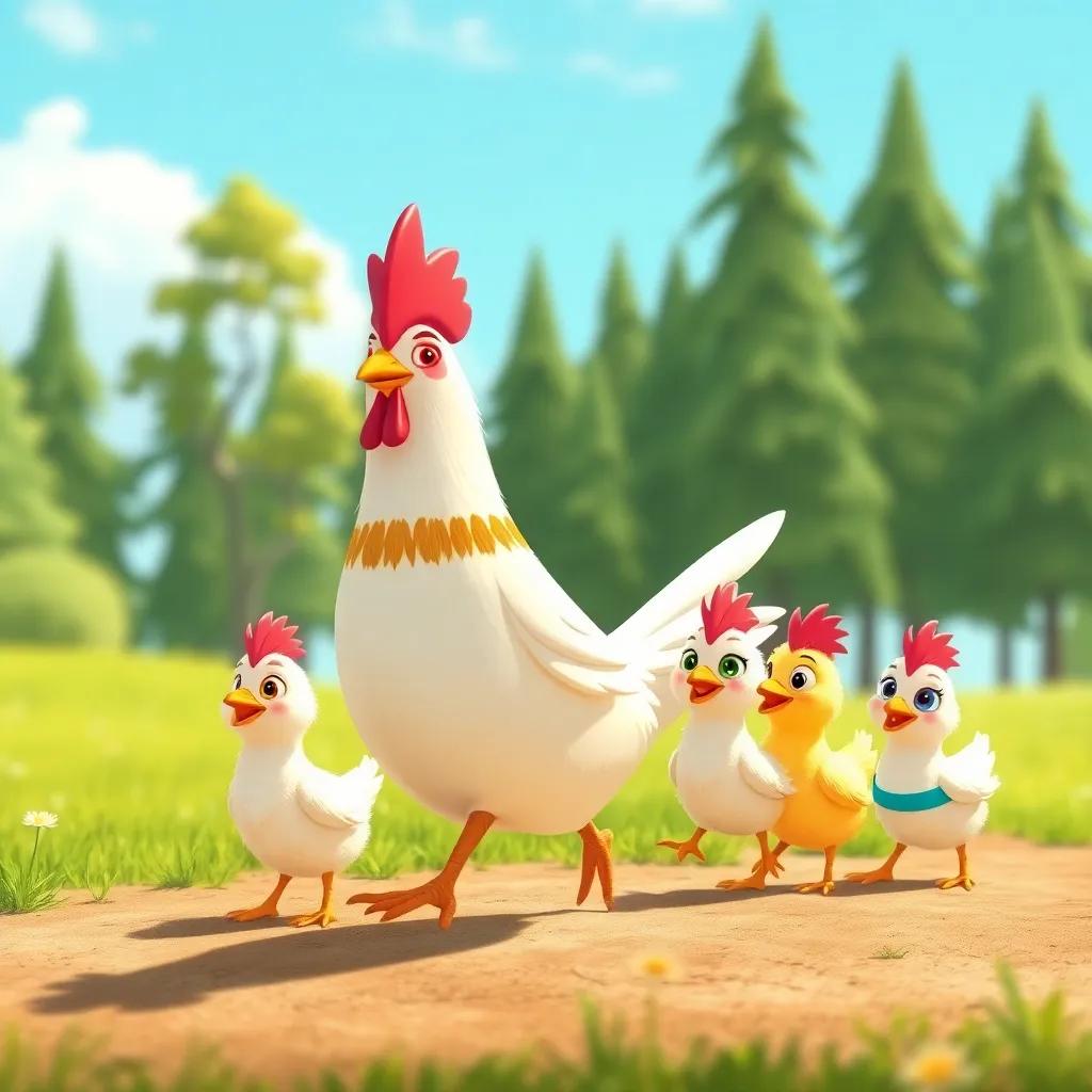 Jojoo, the wise chicken, leading her little chicks Bobo, Zizo, and Lati to the field, bright blue sky, tall trees, cheerful environment, illustration, playful and lively, child-friendly
