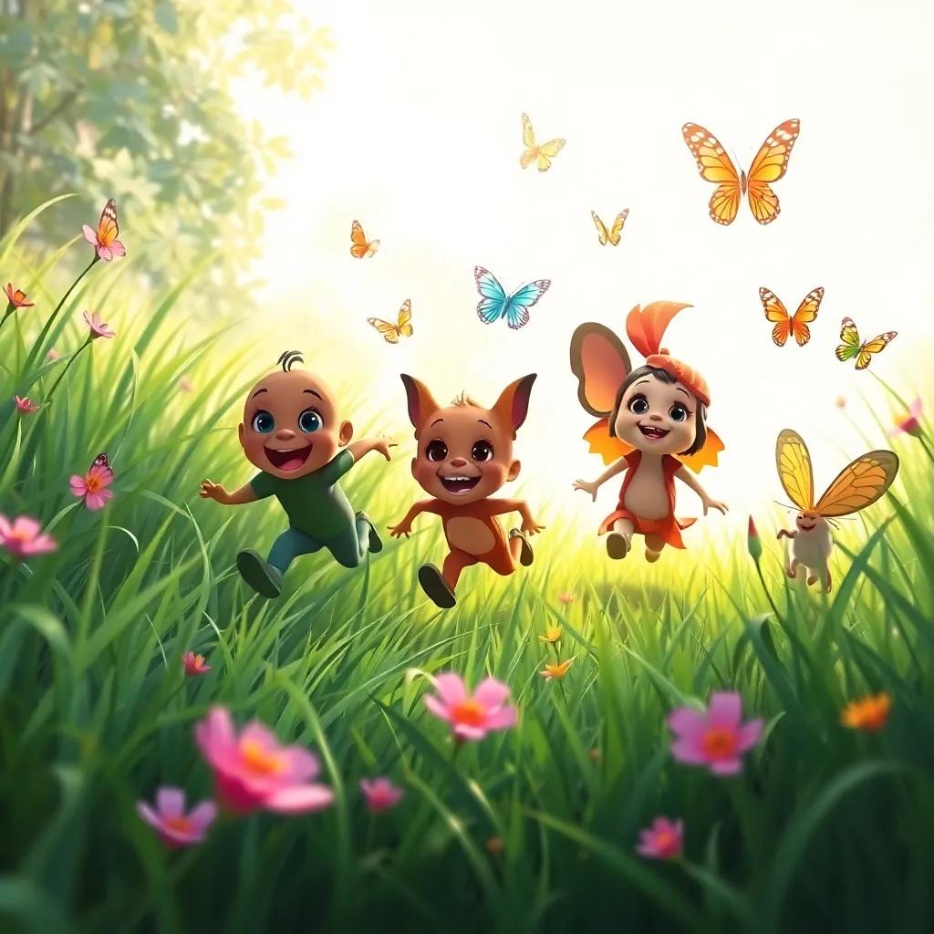 Bobo running fast among green grass, lively and playful, Zizo playing with beautiful butterflies, and Lati looking a bit afraid, joyful scene, colorful, bright sunlight, engaging illustration