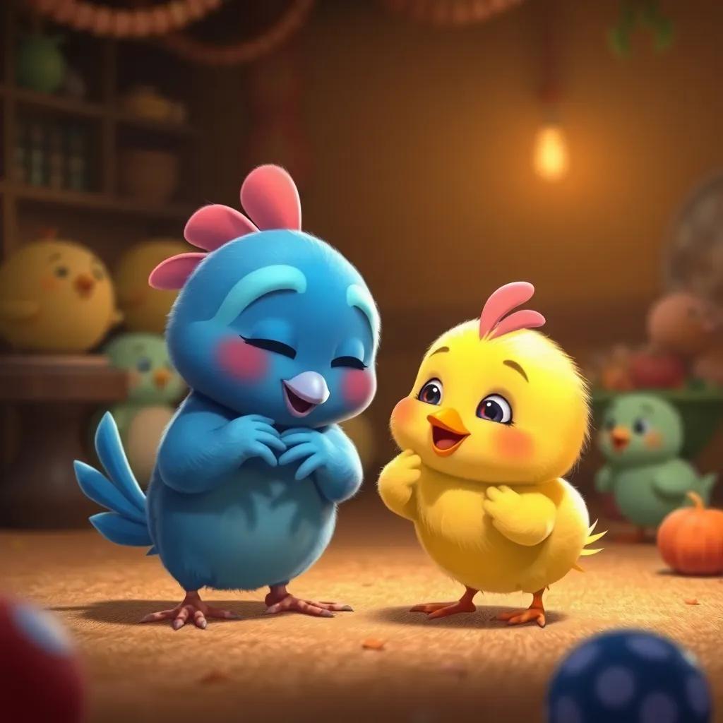 Jojoo comfortingly approaching Lati, encouraging her to join in the fun, warm and nurturing atmosphere, detailed background of other chicks playing, soft colors, heartwarming visual