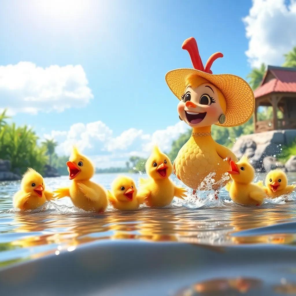 Sunny beautiful day, Jojoo taking her chicks to the river, splashing water, laughter and joy filling the air, a vibrant scene, exciting and lively, high-quality image