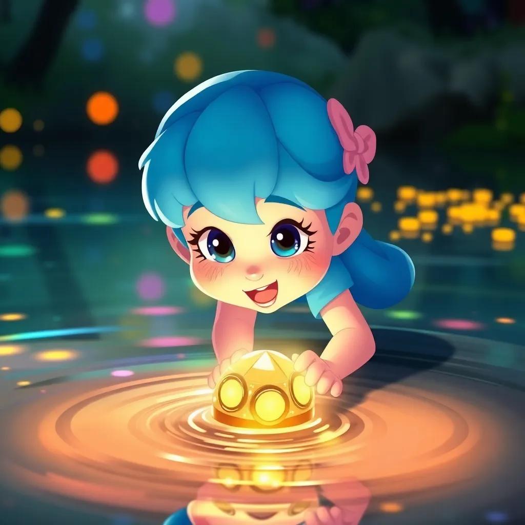 Jojoo discovering a shiny treasure in the river, the expression of surprise on her face, colorful reflections in the water, magical atmosphere, child-friendly, digital art