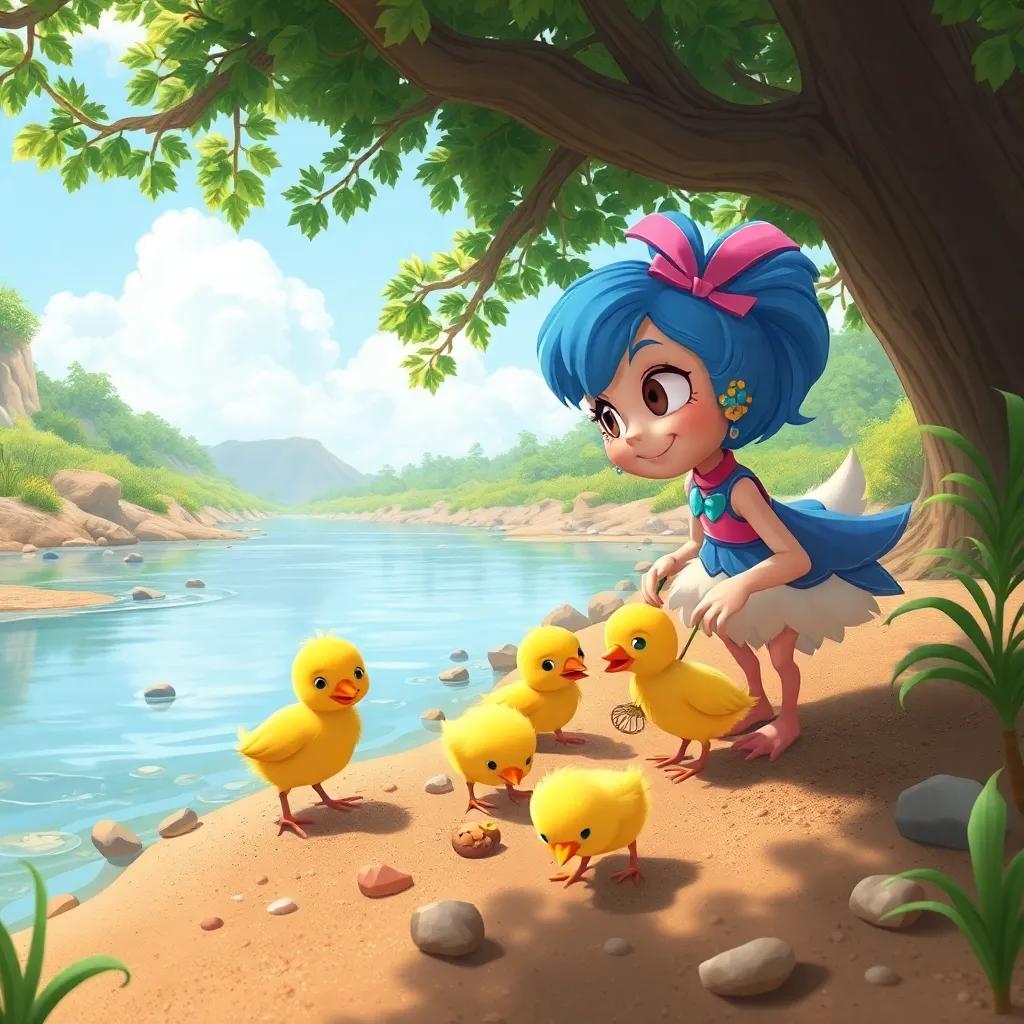 Jojoo and her chicks digging in the sand by the river looking for treasures, fun game scene, playful mood, detailed surroundings, colorful and inviting
