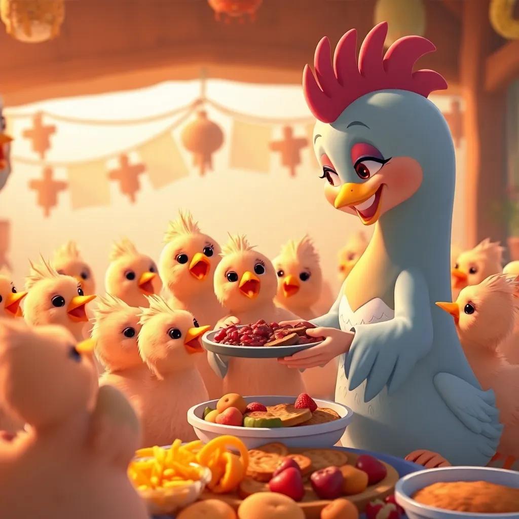 Jojoo teaching her chicks the importance of friendship and teamwork, cheerful gathering with a lot of food, joyful playful scene, warm colors, rich detail