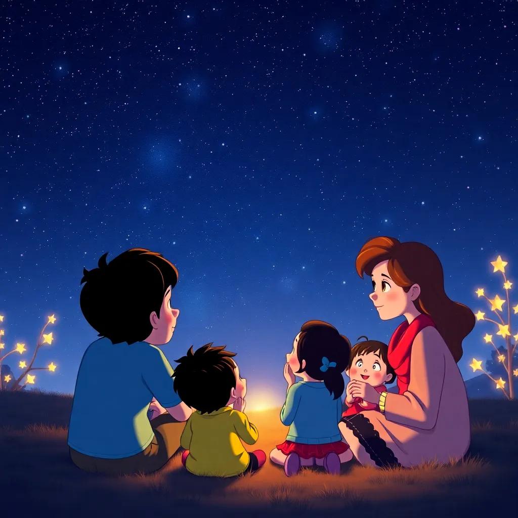 Family gathering under the starry sky listening to Jojoo's advice, warm cozy atmosphere, starry night, heartwarming scene, colorful, inviting view