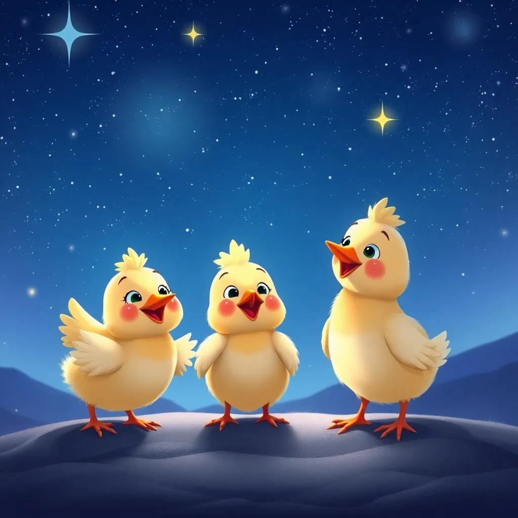 Jojoo and her happy chicks enjoying moments under the starlit sky feeling proud and fulfilled, magical atmosphere, delightful and joyous, high-quality whimsical art
