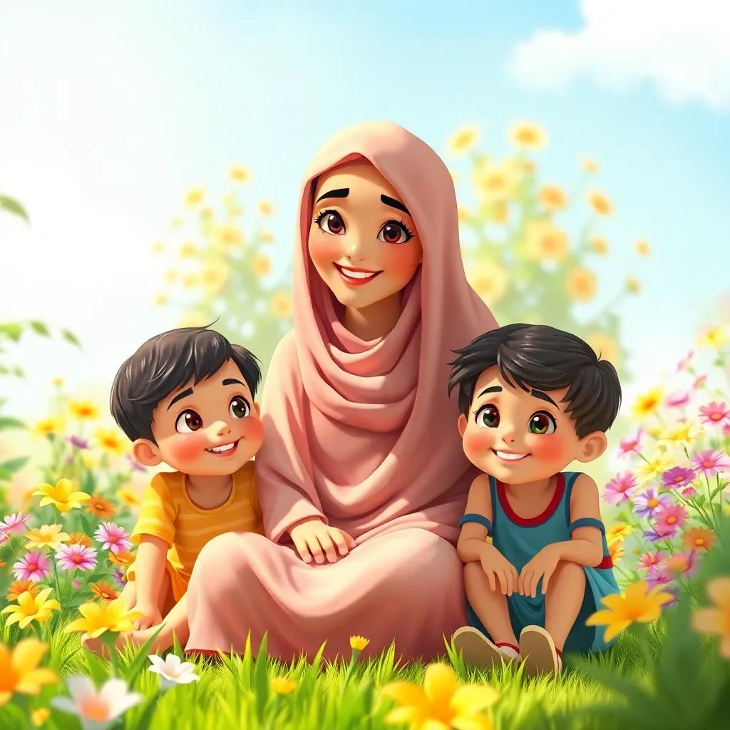 A caring Arab mother, sitting in a garden with her three children, bright sunny day, colorful flowers around, warm and inviting atmosphere, children's faces full of curiosity, digital art, cheerful, high quality
