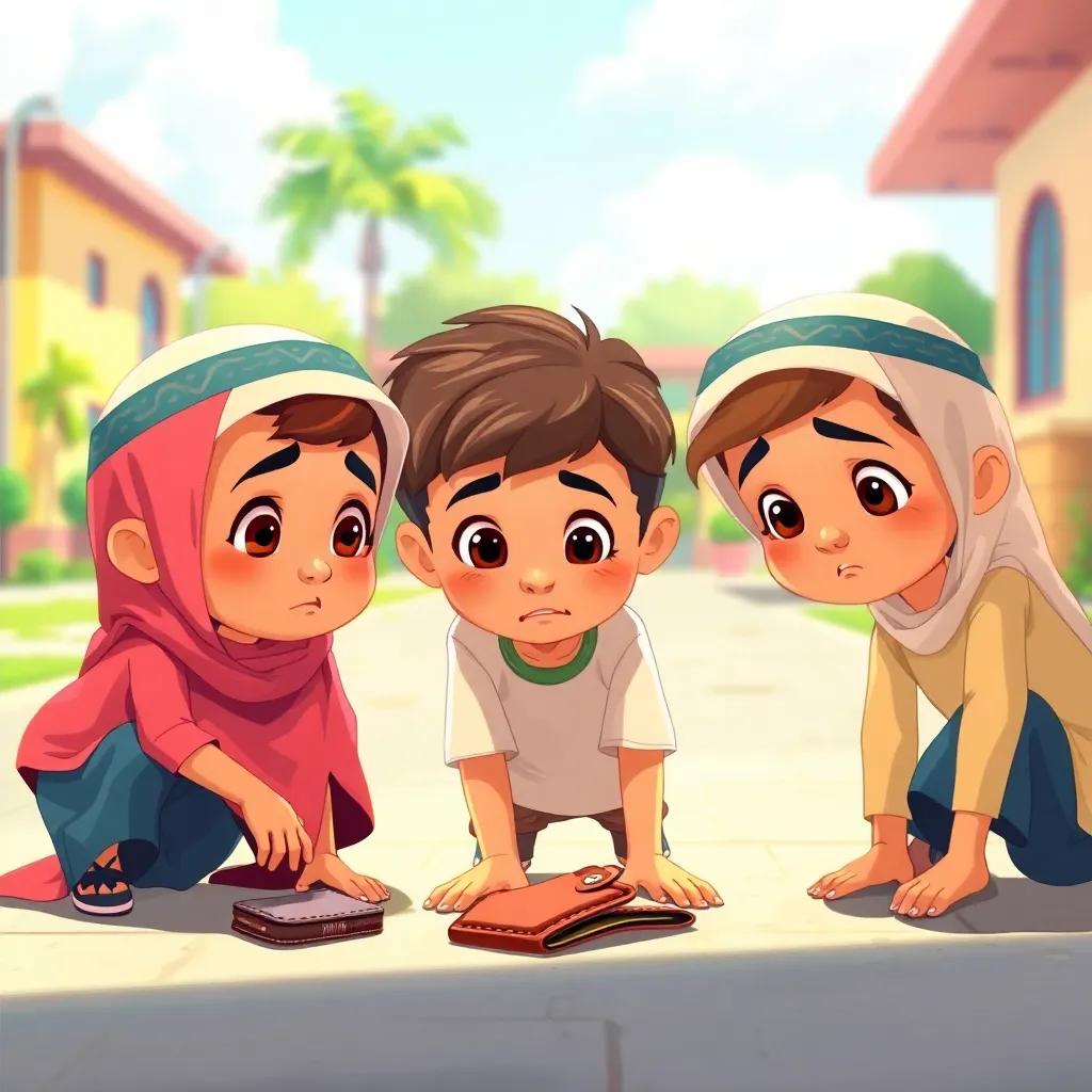 Three playful Arab children, looking at a lost wallet on the ground, expressions of concern, bright schoolyard in the background, vibrant colors, conveying a sense of honesty, illustration, engaging, child-friendly