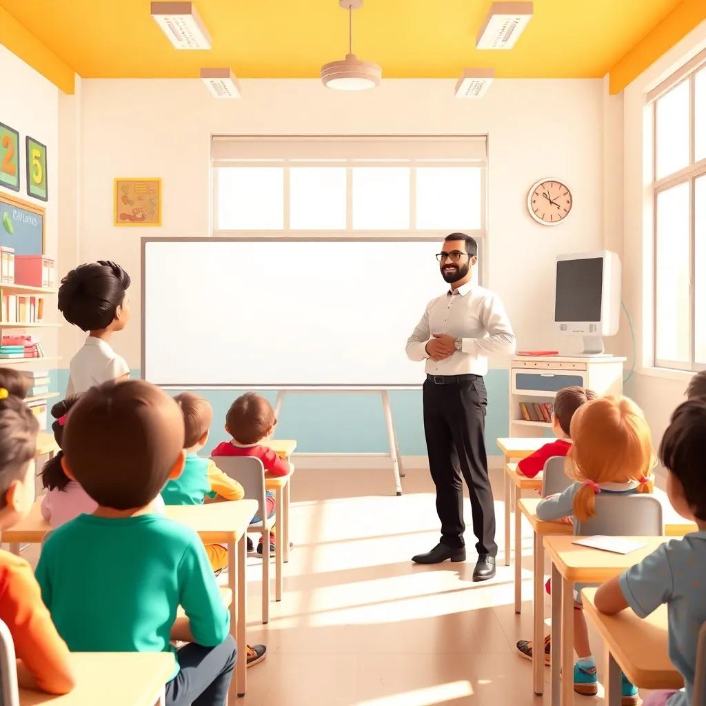 A bright classroom with a teacher named Noor, an Arabic man in his 30s, wearing a white shirt and black trousers, standing in front of a whiteboard, surrounded by engaged students, colorful decor, warm sunlight streaming in, digital art, cheerful, bright atmosphere, high quality