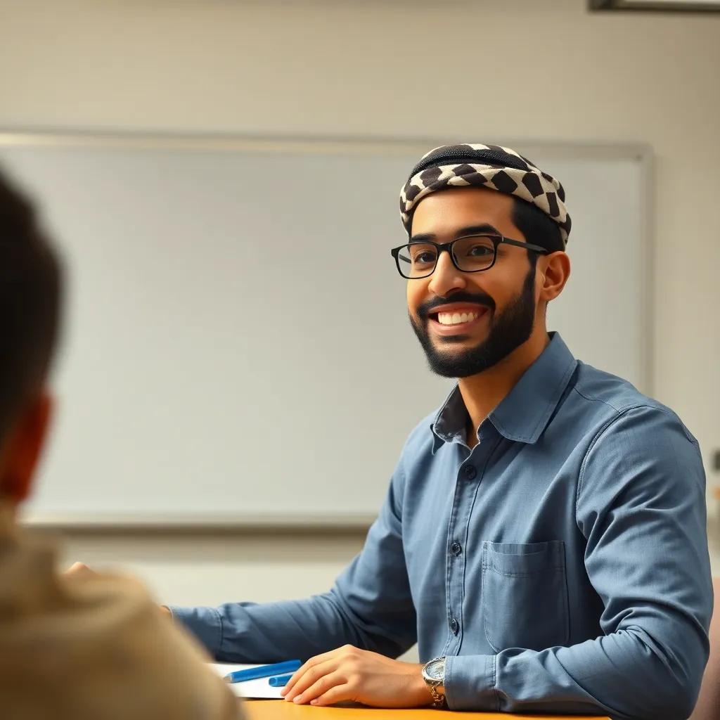 A close-up of teacher Noor, an Arabic man in his 30s, smiling and explaining to a class, with a faint outline of historical maps on the whiteboard, digital art, inviting, educational, high quality