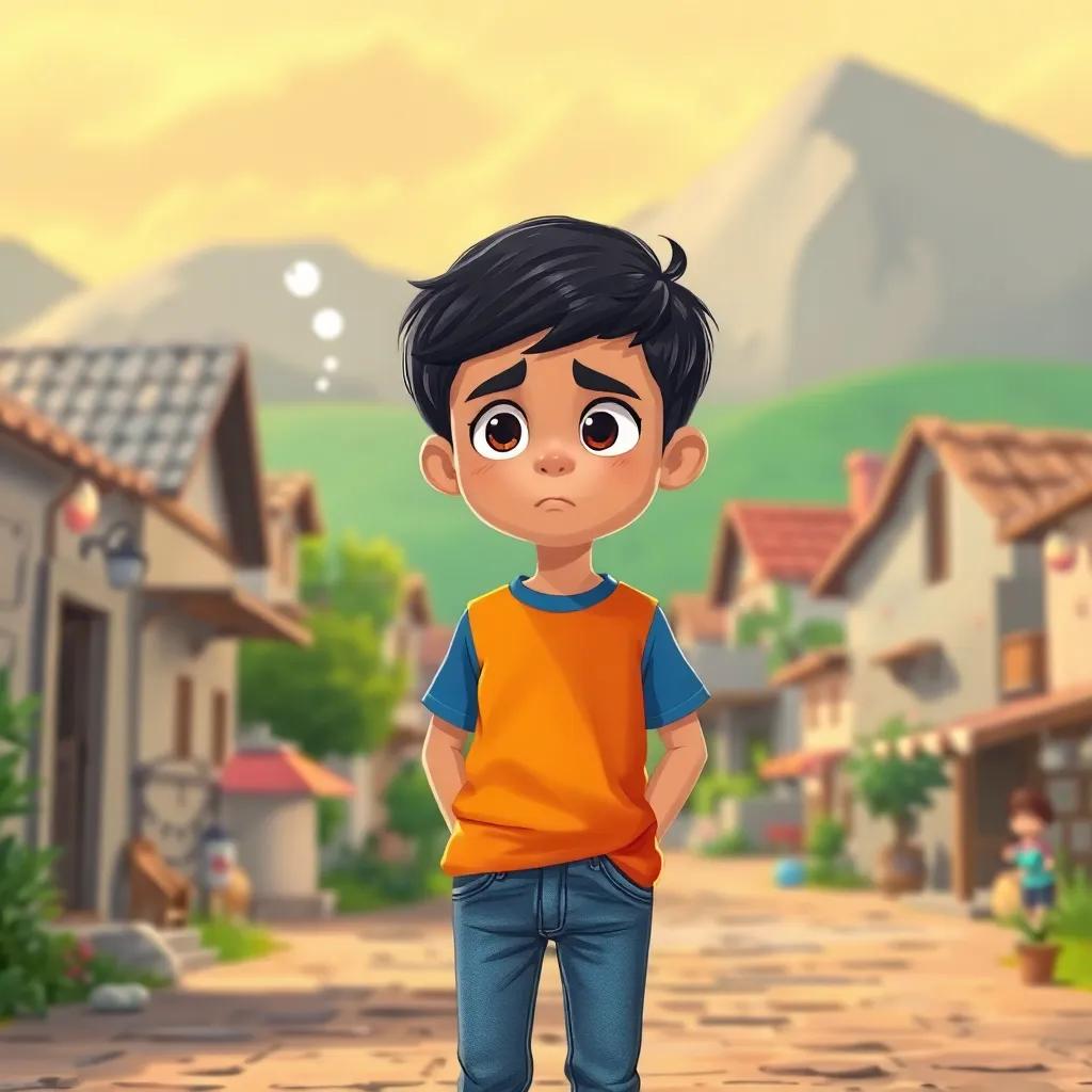 A young Arab boy, Sami, with short black hair, wearing a bright t-shirt and jeans, standing in a small village with a concerned face, thinking about his birthday party, cheerful atmosphere, colorful scenery, detailed illustration, child-friendly