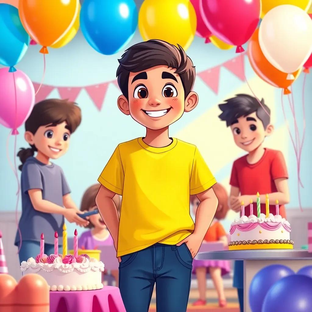 A young Arab boy, Sami, with short black hair, wearing a bright t-shirt and jeans, smiling and organizing party decorations with balloons and cake, his friends helping him, joyful setting, colorful, vibrant light, high-quality illustration