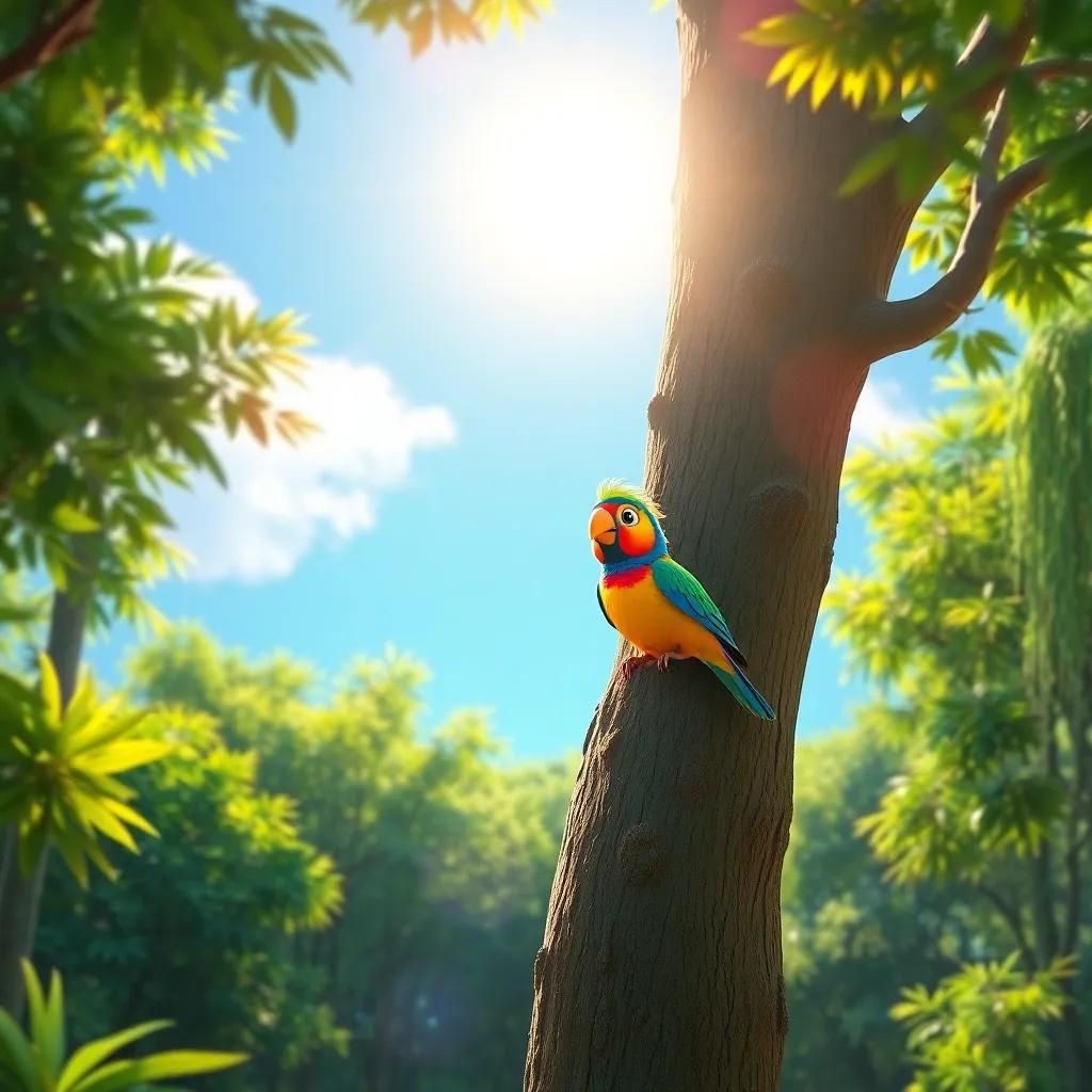 A colorful bird, Loulou, in a green forest, perched on the top of a tall tree shining under the sun, vibrant digital art, bright colors, cheerful atmosphere, high quality