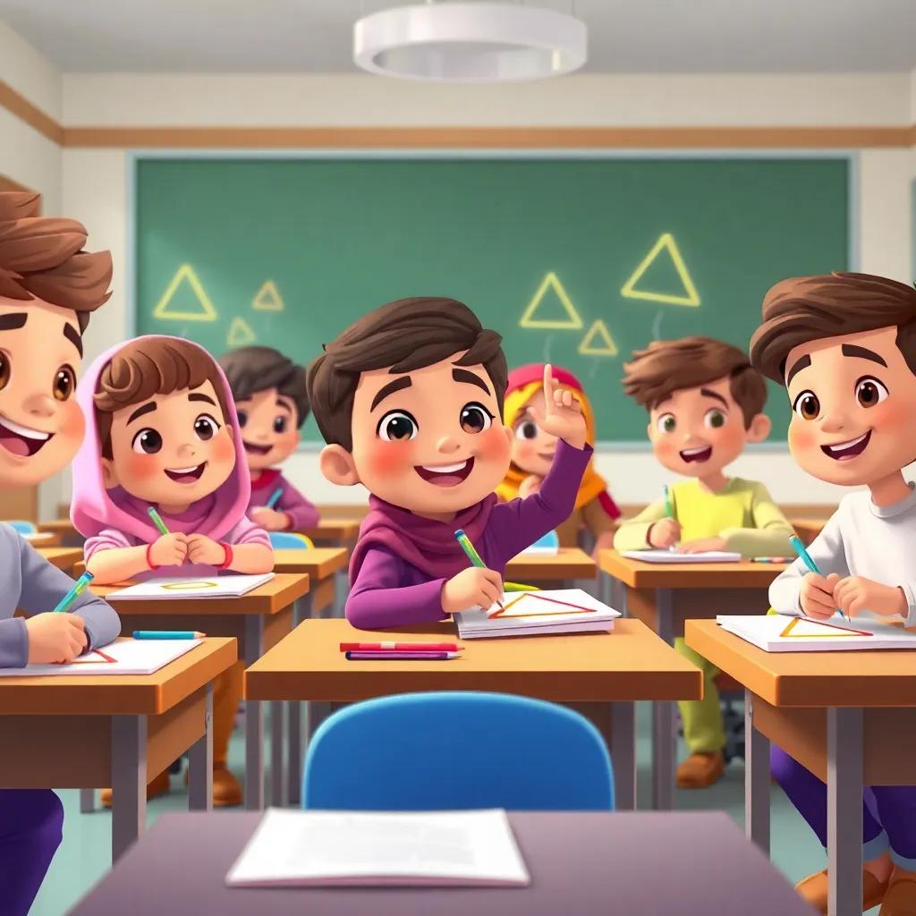 A group of young Arabic students, with different hairstyles, sitting at desks with papers and pencils, joyfully drawing various triangles, animated classroom setting, bright colors, energetic movement, child-friendly style, high quality
