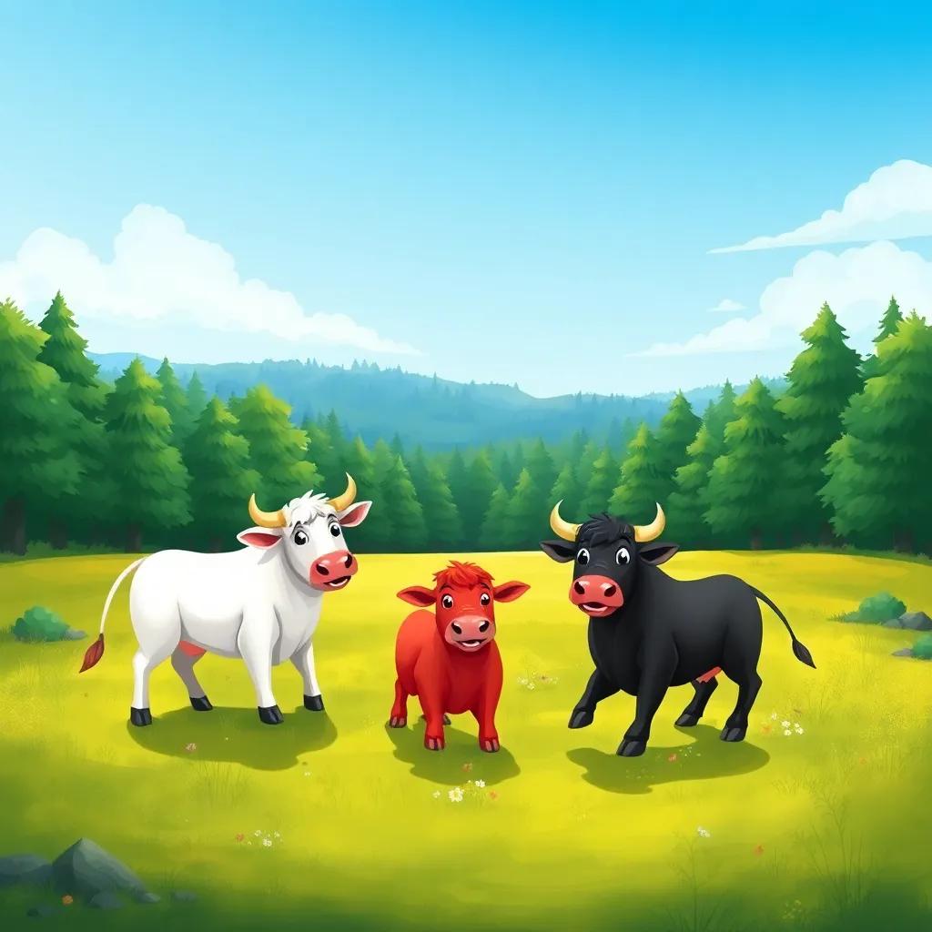A picturesque green glade in a distant forest, with three bulls: one white, one red, and one black, happily playing together, under a bright blue sky, cheerful scene, child-friendly, digital art, vibrant colors, warm atmosphere, high quality